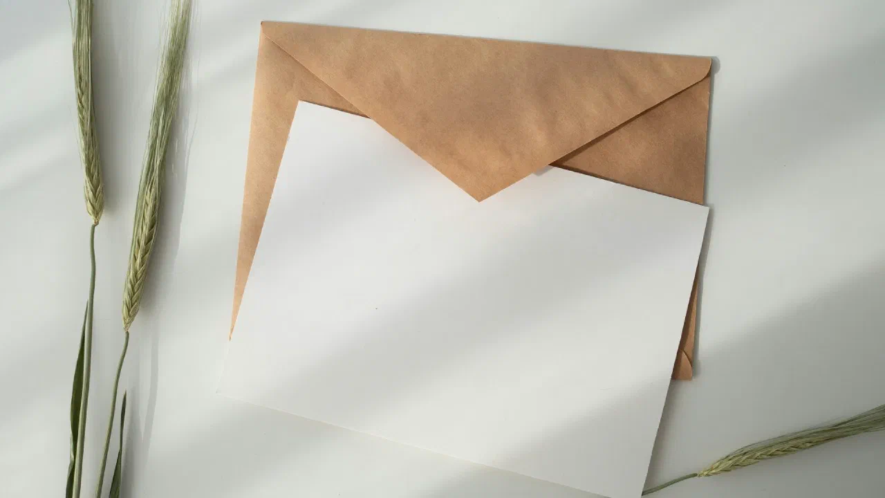 a brown envelope and a sheet of white paper on a pale surface